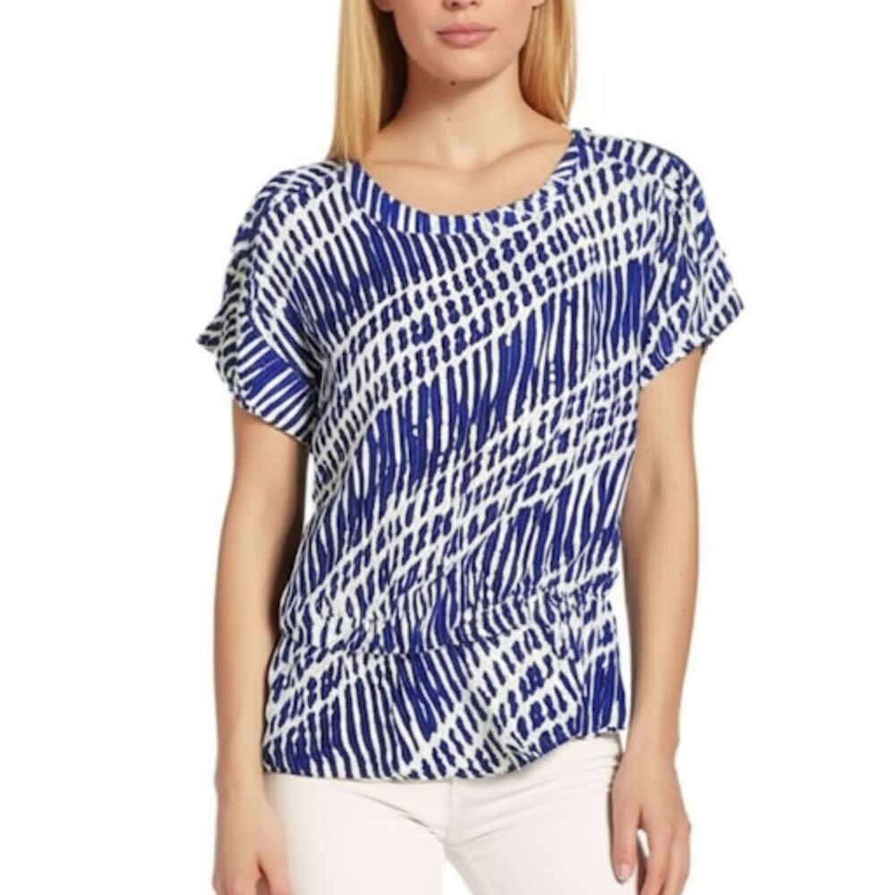Michael Michael Kors Blue & White Shibori Tie Dye Print Cinched Waist Blouse Med